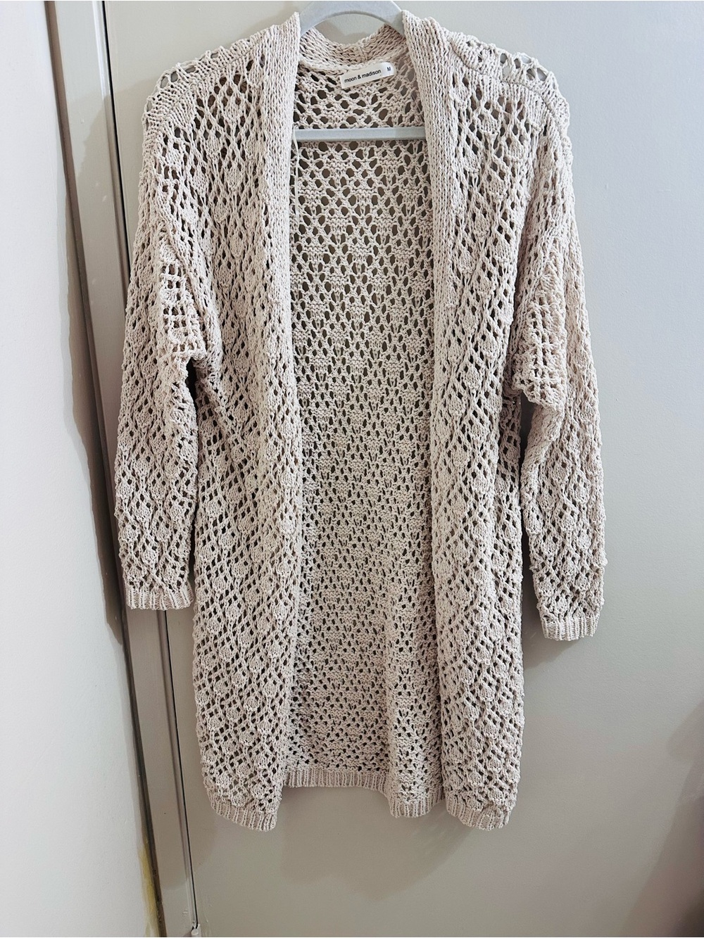 Moon & Madison Open-Knit Crochet Cardigan in Beige